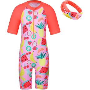 BAOHULU Girls Short Sleeve Zipper Closure Swimsuit with Matching Hairband UPF 50+ UV Bathing Suit Beach Swimwear 4-13 Y