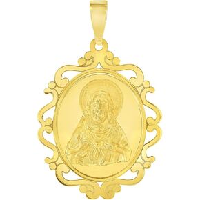 14k Yellow Gold Sacred Heart of Jesus Christ On Elegant Ornate Miraculous Medal Pendant (1")