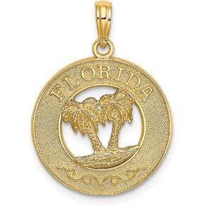 14K Yellow Gold Florida On Round Frame with Double Palm Tree Center Pendant (0.97 x 0.75 inches)