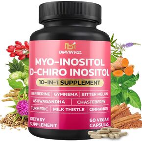 ملحق Bmvinvol Inositol - نسبة Myo -Inositol و D -Chiro Inositol مثالية 40: 1 - بالإضافة إلى البربرين ، القرفة ، Ashwagandha + 5 - 90 كبسولات