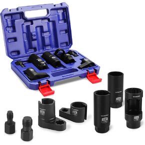 WORKPRO 7PCS O2 Oxygen Sensor Socket, Automotive 3/8" 1/2" Drive x 1-1/16" 7/8" 27mm 22mm O2 Sensor Socket Removal Tool Wrench and Thread Chaser Set, for Oil Pressure Vacuum Thermal Oxygen Sensors