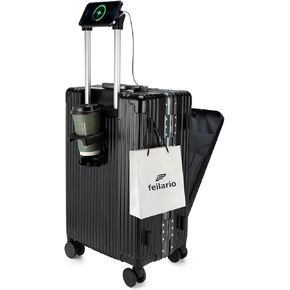 feilario 20in Aluminium Frame Hardside Spinner Wheel Luggage, Built-In TSA lock Carry on Suitcase, with Cup Holder & USB Port & Phone Holder