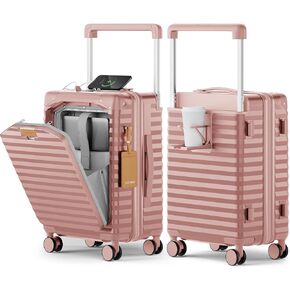 Joyway 20 Inch Carry on Luggage with Aluminium Frame and Front Pocket, PC Hardshell Suitcase with USB Port and Cup Holder, Luggage with Spinner Wheels and TSA Lock (White)