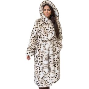 DJBM Women Faux fur Leopard Lapel Maxi Coat Cardigan Sexy Elegant Garment Pocketed with Belt for Winter Outdoor