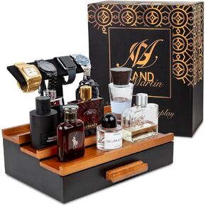 Wooden Cologne Organizer for Men - 3-Tier Cologne Shelf for Men with Attachable Watch Display Holder & Fleece-Lined Storage Drawer - Wood Non-Slip Perfume Fragrance Stand with Hidden Compartment
