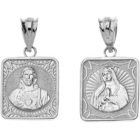 Certified 14k Gold Immaculate Heart of Mary/Sacred Heart of Jesus 0.87" Square Medal Reversible Pendant