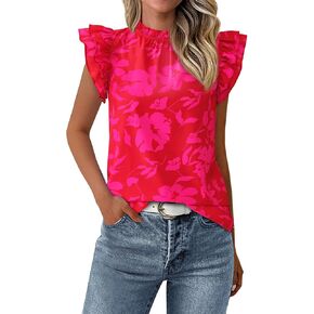 PRETTYGARDEN Women's Ruffle Short Sleeve Summer Tops 2025 Trendy Floral Trim Neck Casual Dressy Chiffon Boho Blouses Shirts