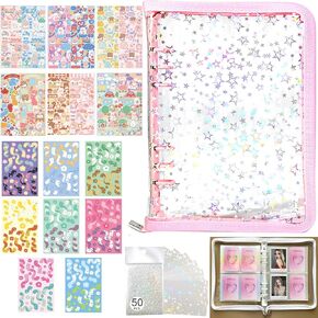 Kpop Photocard Holder Book Set A5 Binder Photocard Album 6 Ring,Zipper Model,20 Pack 160 Cards 3 Inch Photo,with 50 Pcs Laser Flashing Card Sleeves,20Sheets Stickers