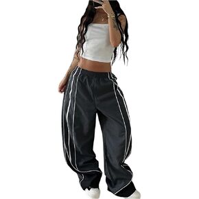 GORGLITTER Women's Y2K Wide Leg Track Pants Baggy Vintage Striped Barrel Sweatpants Elastic High Waisted Parachute Trousers