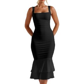 Kaximil المرأة المثيرة bodycon ruched مربع الرقبة midi فساتين أنيقة أكمام كوكتيل كوكتيل فستان
