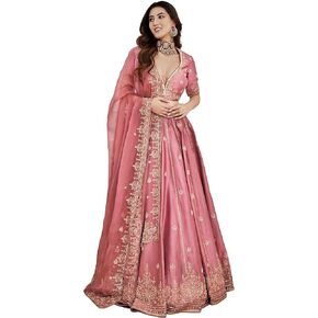 Trendmalls Satin Sequence Sequence Work Lehenga Choli unstitch Blouse with DuPatta for Women (L257-Darkpeach-Freesize)