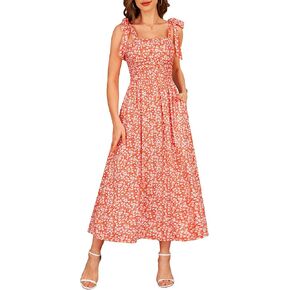 Zattcas Womens 2025 Summer Spaghetti Strap Floral Maxi Dress with Pockets Smocked Flowy Long Beach Vacation Sundresses
