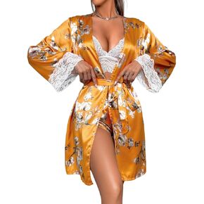 Women's Silk Satin Pajama Sets, Sexy Lace Lingerie with Printed Robe, 3 Piece Pjs for Bridal Shower Gifts