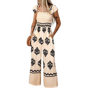 Happy Sailed Womens Summer Jumpsuits Printed Square Neck High Waisted Pockets Wide Leg Rompers Beach Fashion Vacation Outfits in Saudi Arabia