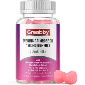 Evening Primrose Oil Gummies 1300mg with Black Cohosh & Vitamin B6, Sugar-Free, PMS Relief Supplements for Women 20-45, Chewable PMS Gummies, Strawberry Flavor, Vegan, Pectin, 60 Count