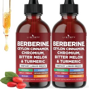 Berberine with Ceylon Cinnamon Supplement Liquid Drops + Bitter Melon Extract, Glucomannan, Gymnema, Chromium, Turmeric, Panax Ginseng, Moringa- 2 OZ