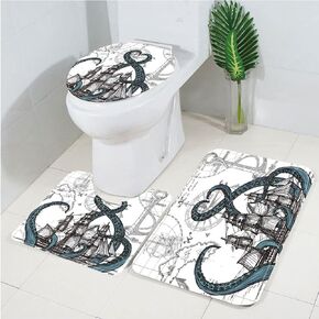 Nautical Pirate Ship and Anchor Bathroom Rugs Sets with U-Shaped Mat, Toilet Lid Cover, Non-Slip Bathroom Rugs Carpet, Kraken Octopus Absorbent Bath Rugs, Bedroom Floor Mat Living Room Rug, 3 Pcs