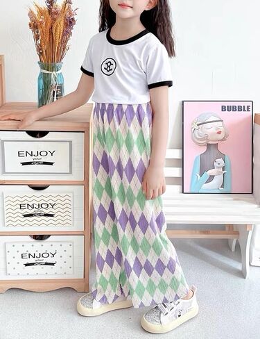 Kiench Girls Wide Leg Palazzo Pants Pleated Silky Flowy Trousers Cute Print in Saudi Arabia