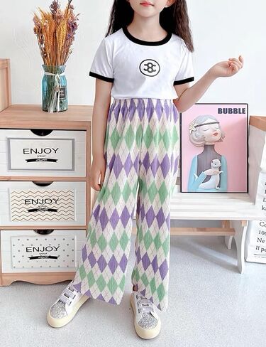Kiench Girls Wide Leg Palazzo Pants Pleated Silky Flowy Trousers Cute Print in Saudi Arabia