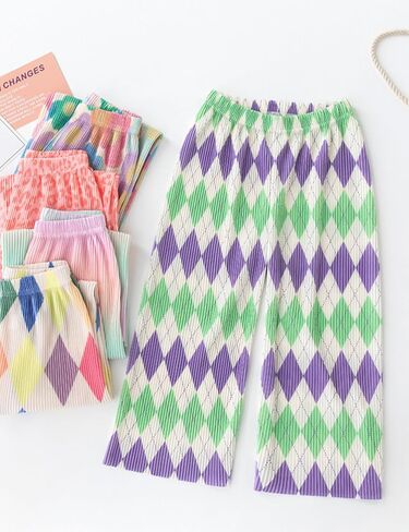 Kiench Girls Wide Leg Palazzo Pants Pleated Silky Flowy Trousers Cute Print in Saudi Arabia