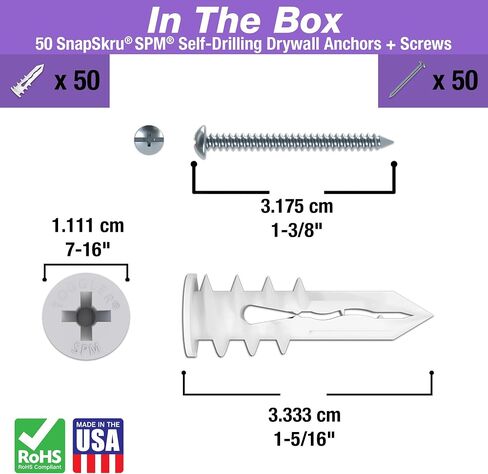 TOGGLER SnapSkru SPM Mini Self-Drilling Drywall Anchor, Glass-Filled Nylon, Made in US, for #6 to #8 Fastener Sizes (Pack of 200) in Kuwait