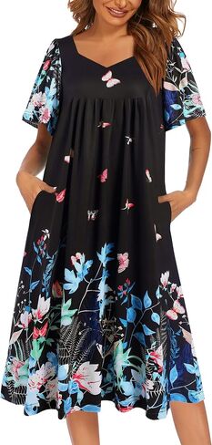 Ekouaer Women's House Dress - Pleated Nightgown with Short Sleeves & Pockets in Saudi Arabia