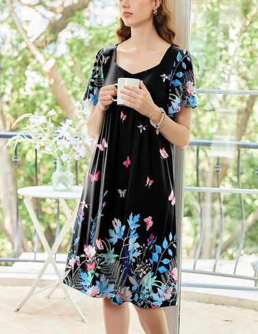 Ekouaer Women's House Dress - Pleated Nightgown with Short Sleeves & Pockets in Saudi Arabia