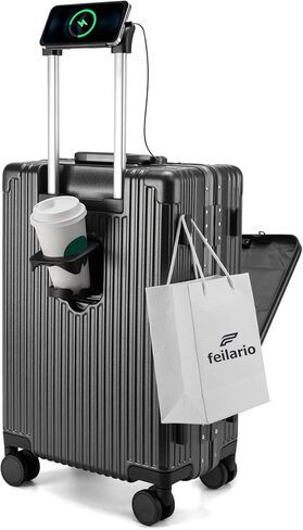 feilario 20in Aluminium Frame Hardside Spinner Wheel Luggage, Built-In TSA lock Carry on Suitcase, with Cup Holder & USB Port & Phone Holder in Kuwait