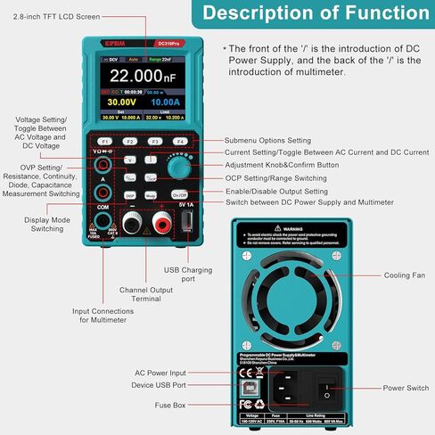 Kiprim 2-in-1 Programmable Power Supply and Multimeter (0-30 V 0-10 A) DC310Pro with Data Memory,High Precision,OCP,OVP, PC Software and USB Charging in Saudi Arabia