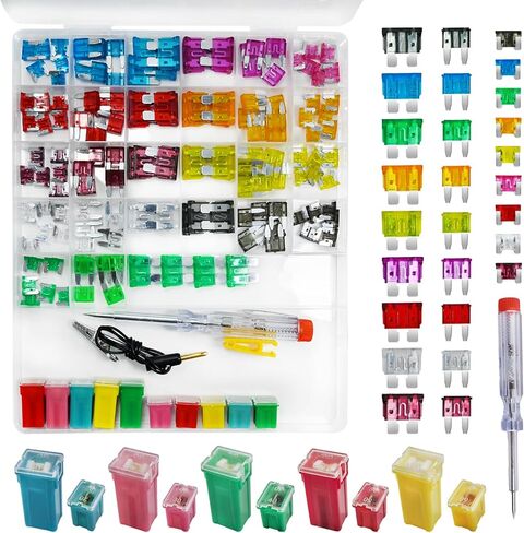 Car Fuses Assortment Kit with Tester, 156PCS Auto Fuse Standard, Small, Mini Sizes, Low & Tall Profile (2A 5A 10A 15A 20A 25A 30A 35A 40A), Replacement Fuses for Cars RVs Trucks Boat, 1PC Fuse Puller in Kuwait