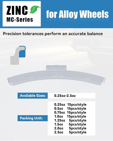 MC-Series Zinc Clip on Wheel Weights Assortment,Precise Tolerances,0.25OZ/0.5OZ/0.75OZ/1.0OZ, 15PCS/Style, 1.25OZ/1.5OZ/2OZ/2.5OZ, 5PCS/Style, Total 80Pcs in Saudi Arabia