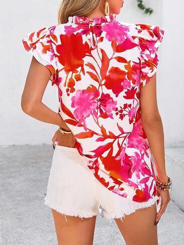 PRETTYGARDEN Women's Ruffle Short Sleeve Summer Tops 2025 Trendy Floral Trim Neck Casual Dressy Chiffon Boho Blouses Shirts in Saudi Arabia