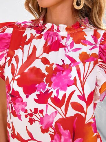 PRETTYGARDEN Women's Ruffle Short Sleeve Summer Tops 2025 Trendy Floral Trim Neck Casual Dressy Chiffon Boho Blouses Shirts in Saudi Arabia