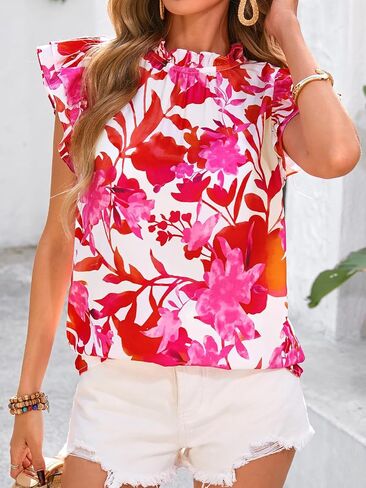 PRETTYGARDEN Women's Ruffle Short Sleeve Summer Tops 2025 Trendy Floral Trim Neck Casual Dressy Chiffon Boho Blouses Shirts in Saudi Arabia