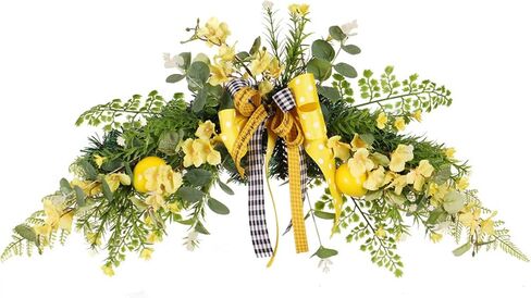 24in Artificial Flower Swag with Lemon, Spring Lemon Fruit Garland Rustic Decorative Swag Farmhouse Floral Garland with Large Bow for Wedding Arch Front Door Wall Home Decor(Yellow) in Saudi Arabia
