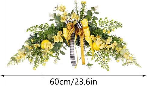 24in Artificial Flower Swag with Lemon, Spring Lemon Fruit Garland Rustic Decorative Swag Farmhouse Floral Garland with Large Bow for Wedding Arch Front Door Wall Home Decor(Yellow) in Saudi Arabia
