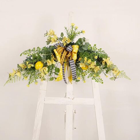24in Artificial Flower Swag with Lemon, Spring Lemon Fruit Garland Rustic Decorative Swag Farmhouse Floral Garland with Large Bow for Wedding Arch Front Door Wall Home Decor(Yellow) in Saudi Arabia