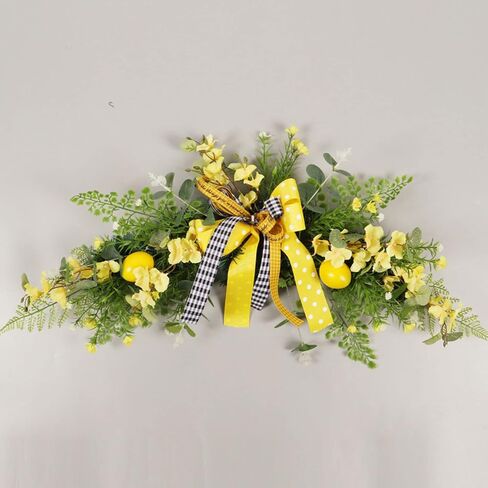 24in Artificial Flower Swag with Lemon, Spring Lemon Fruit Garland Rustic Decorative Swag Farmhouse Floral Garland with Large Bow for Wedding Arch Front Door Wall Home Decor(Yellow) in Saudi Arabia