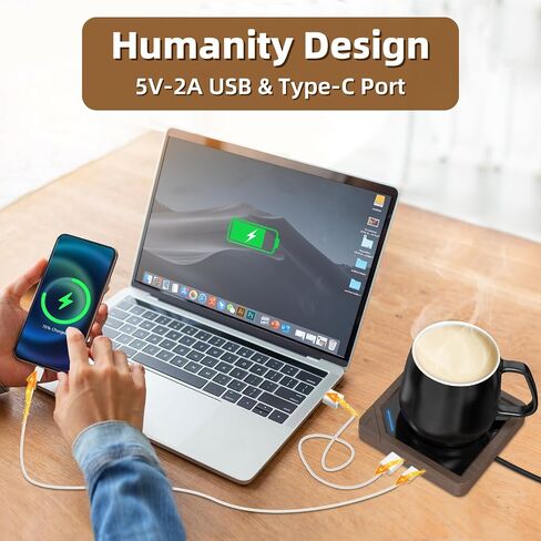 Coffee Mug Warmer with 2 USB Charging Ports: Auto Shut-Off Candle Wax Warmer - Heated Beverage Coffee Accessories for Home Office Desk - U1 Black in Kuwait