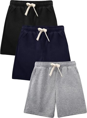 Flygo 3 Pack Boys Girls Cotton Shorts Kids مرنة مرنة على الجري على ركض شورتات العرق الركض مع جيوب in Saudi Arabia