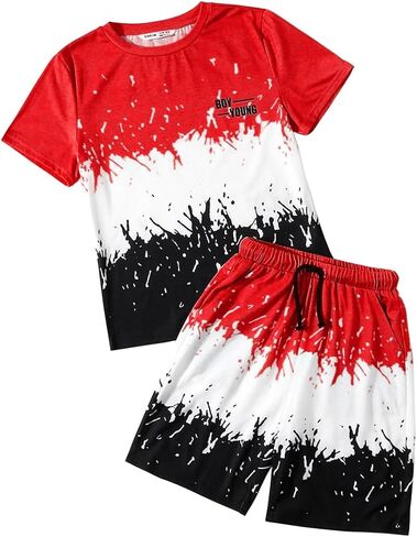 Kids Tween Boy Casual Clothing Set Letter Graphic Colorblock Tee +Shorts Summer Clothing Set in Kuwait