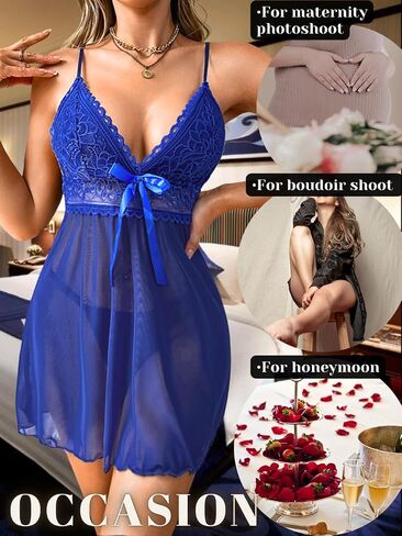 Sexy Lingerie For Women, V Neck Bow Floral Lace Flowy Babydoll Dress, G String Sheer Mesh Exotic Nightgown Boudoir in Saudi Arabia
