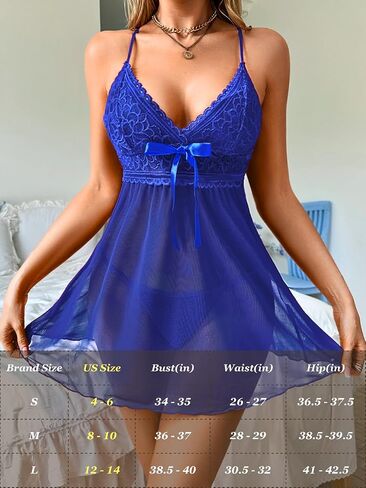 Sexy Lingerie For Women, V Neck Bow Floral Lace Flowy Babydoll Dress, G String Sheer Mesh Exotic Nightgown Boudoir in Saudi Arabia