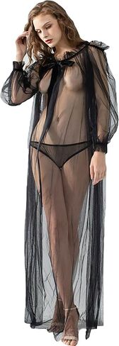 Women Long Mesh Nightgowns and Underpants Lace Babydoll Lingerie Sleepwear See Through Robe with Sleeve in Saudi Arabia