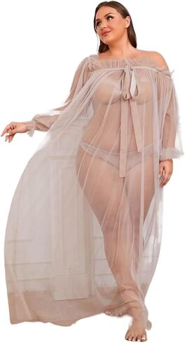 Women Long Mesh Nightgowns and Underpants Lace Babydoll Lingerie Sleepwear See Through Robe with Sleeve in Saudi Arabia