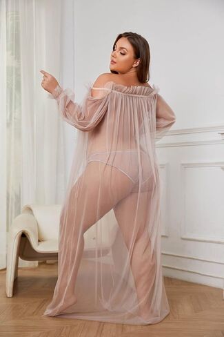 Women Long Mesh Nightgowns and Underpants Lace Babydoll Lingerie Sleepwear See Through Robe with Sleeve in Saudi Arabia