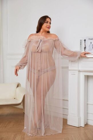 Women Long Mesh Nightgowns and Underpants Lace Babydoll Lingerie Sleepwear See Through Robe with Sleeve in Saudi Arabia