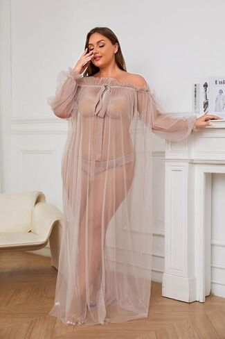 Women Long Mesh Nightgowns and Underpants Lace Babydoll Lingerie Sleepwear See Through Robe with Sleeve in Saudi Arabia