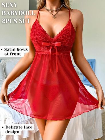 مثيرة للملابس الداخلية للنساء ، V العنق القوس الدانتيل الدانتيل تدفق فستان babydoll ، g سلسلة شباك الشبكة غريبة ثوب نوم in Saudi Arabia