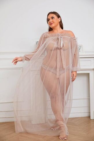 Women Long Mesh Nightgowns and Underpants Lace Babydoll Lingerie Sleepwear See Through Robe with Sleeve in Saudi Arabia